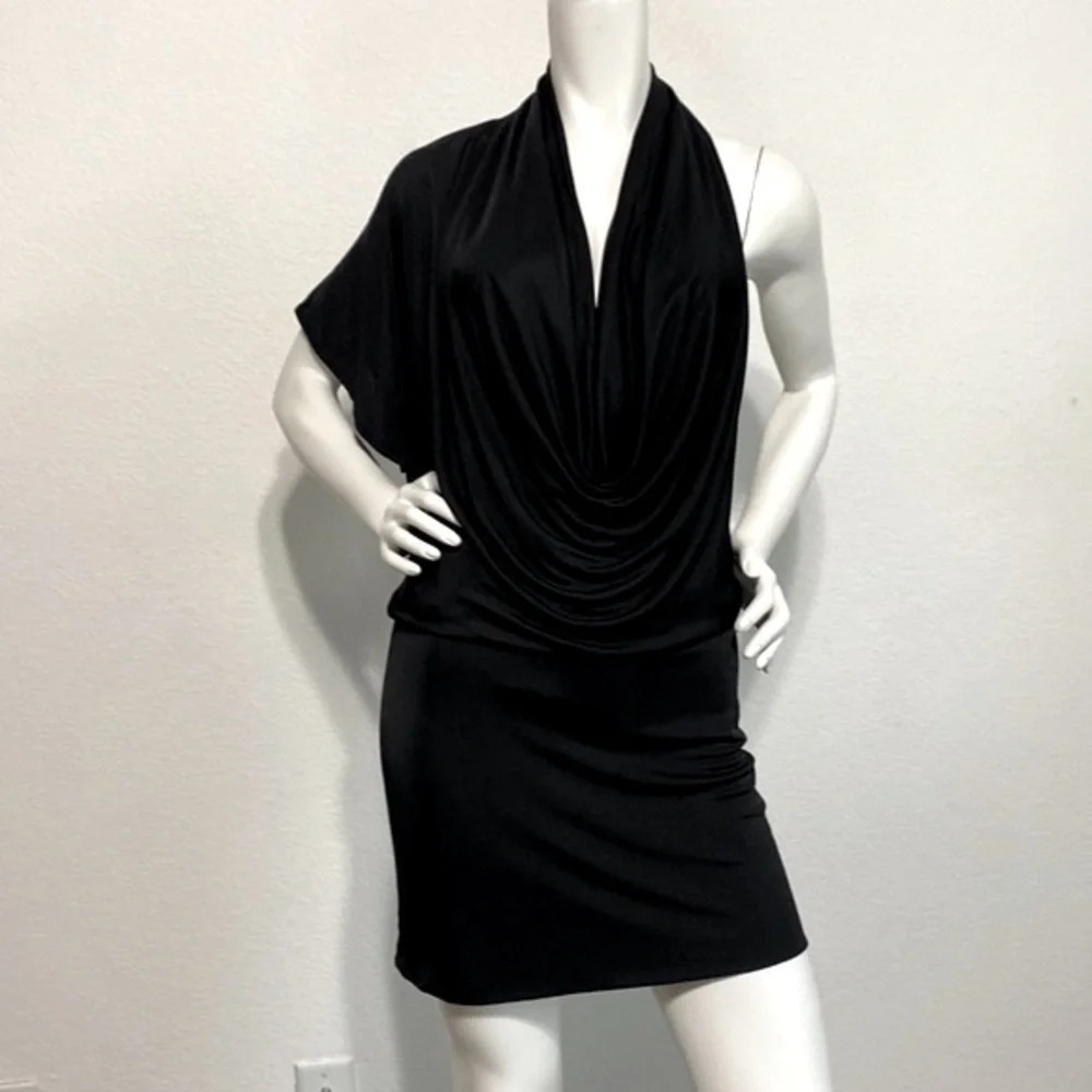 Black Halo Draped Ruched One Shoulder Short Sleeve Halter Mini Dress Size M